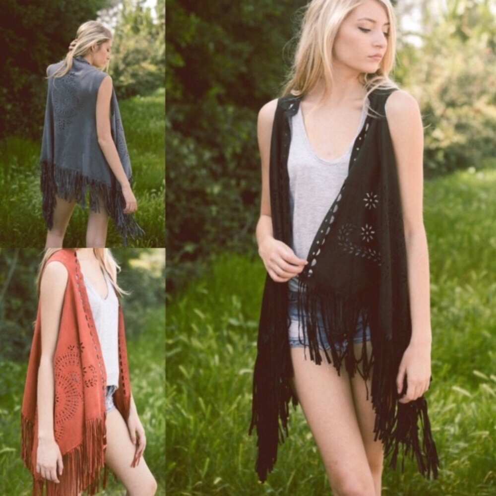 Boho vegan suede fringe vest one size